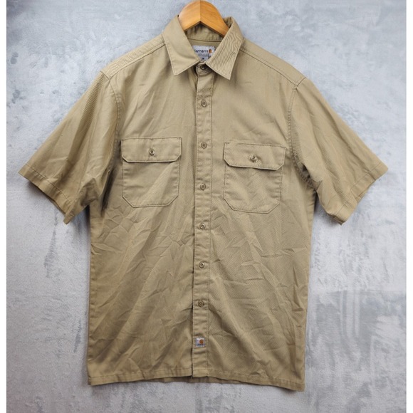 Carhartt Shirt Mens Medium Khaki Button Down Loose  Fit Short Sleeve S223 - Picture 1 of 7